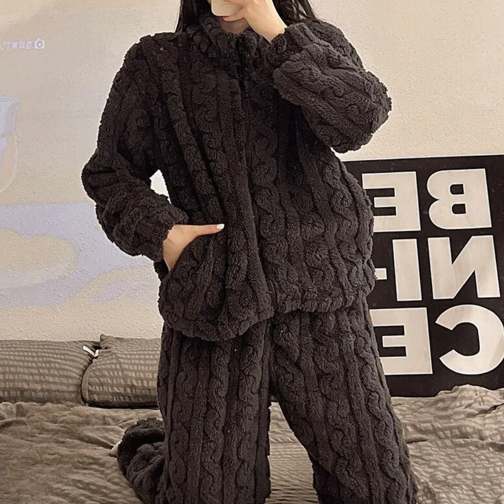 Warm & cozy women's Liora onesie jumpsuit. Ultra soft loungewear, ideal for winter relaxation & comfort.