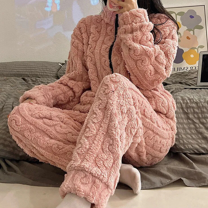 Stylish women's warm onesie, a comfortable and ultra soft cozy jumpsuit. Essential winter loungewear.