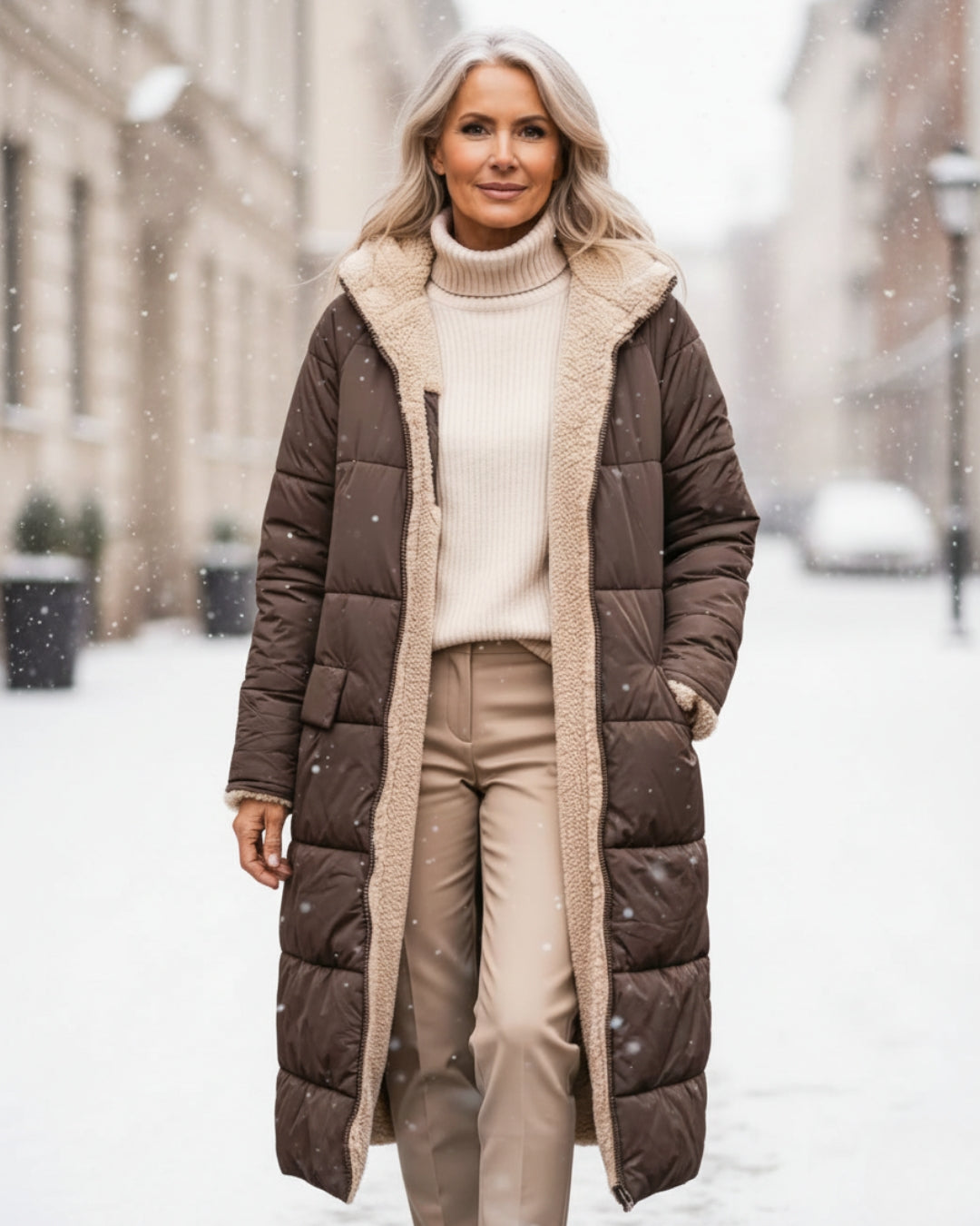 Women's ultra-warm quilted winter coat. Long, cozy outerwear for cold weather fashion.