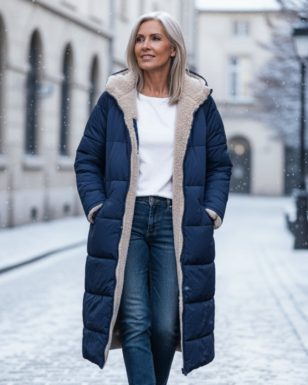 Women's warm quilted winter jacket. Long, cozy fashion for cold weather and seasonal wear.