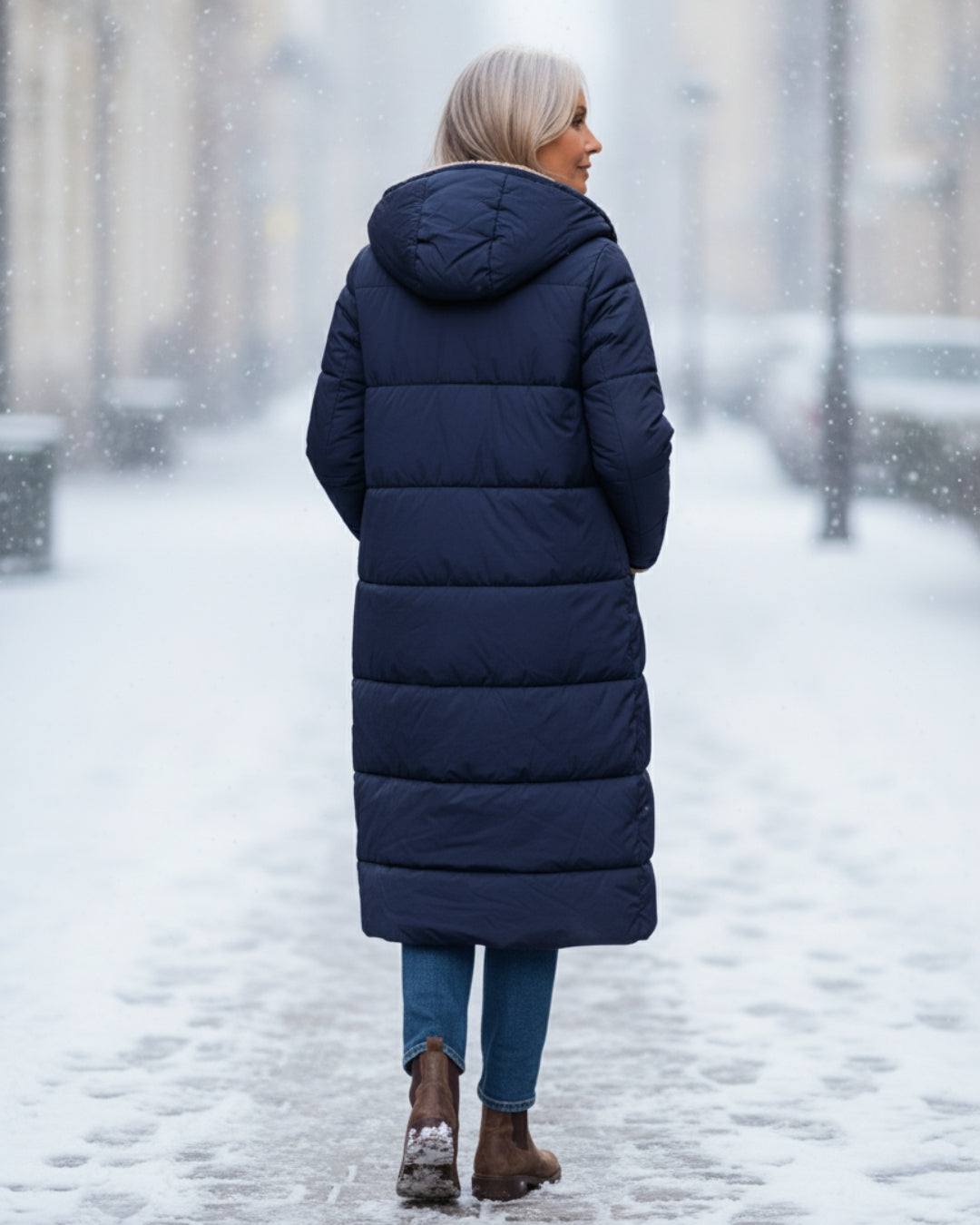 Women's warm quilted outerwear. Long winter coat for elegant cold weather fashion.