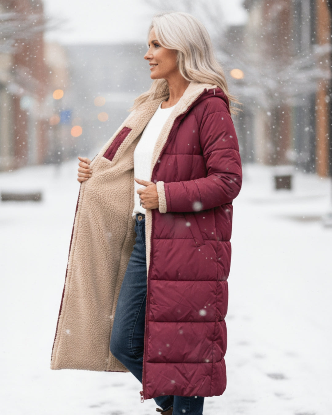Elegant women's long quilted winter coat. Ultra-warm for cold weather fashion and comfort.