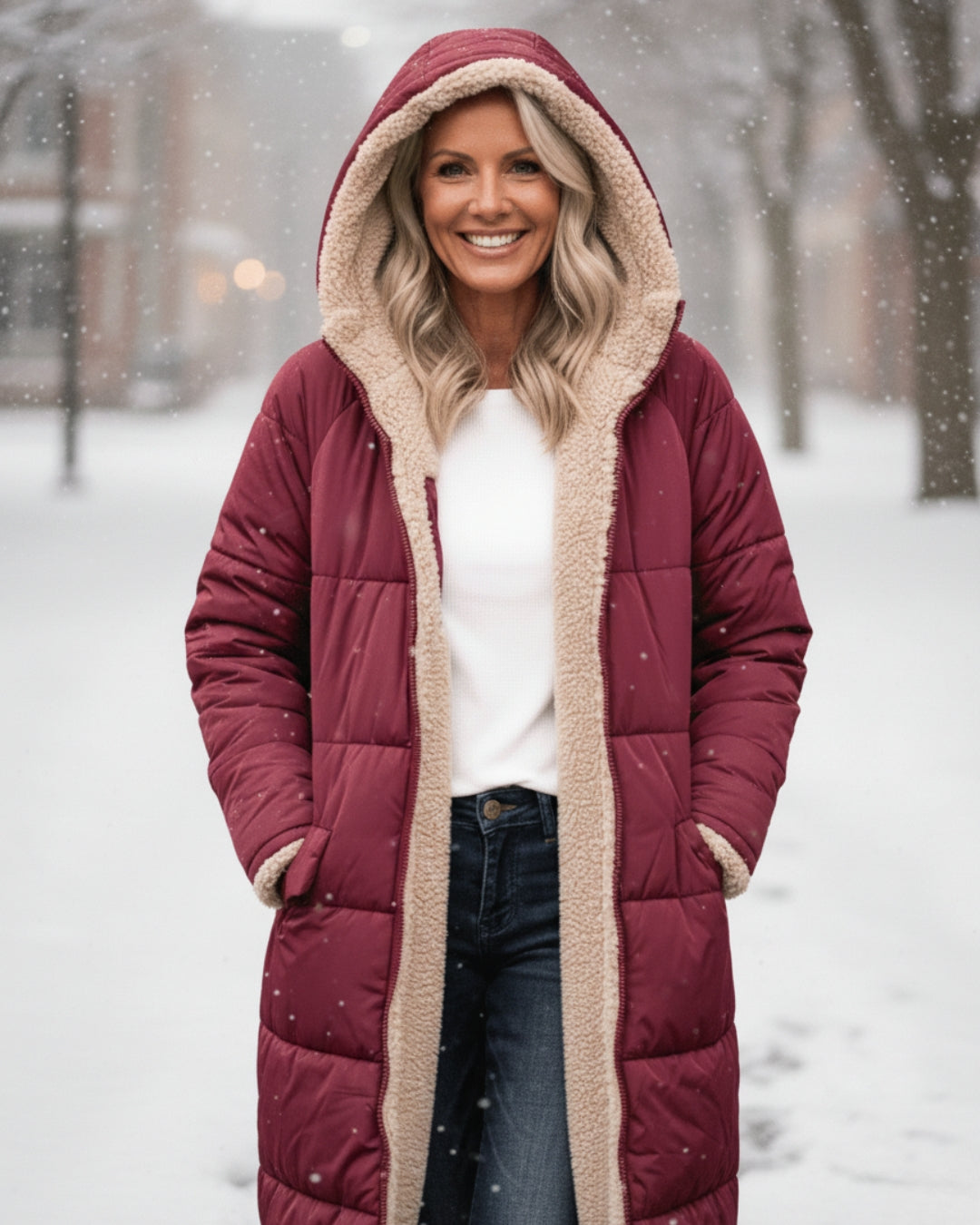 Women's ultra-warm quilted winter jacket. Long, cozy outerwear for cold weather style.