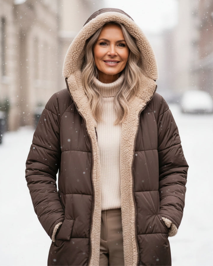Cozy women's ultra-warm winter coat. Quilted long outerwear for stylish seasonal wear.