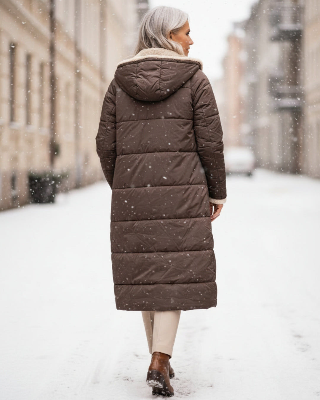 Women's warm quilted jacket. Long elegant winter coat for cold weather fashion and comfort.