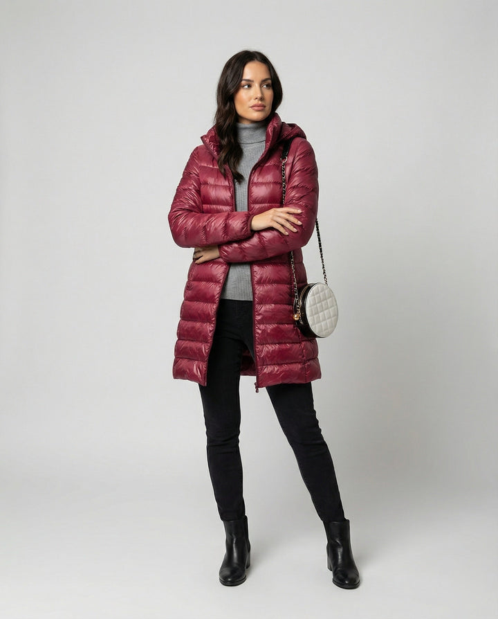 Women's ultralight insulated hooded jacket, perfect all-season outerwear.