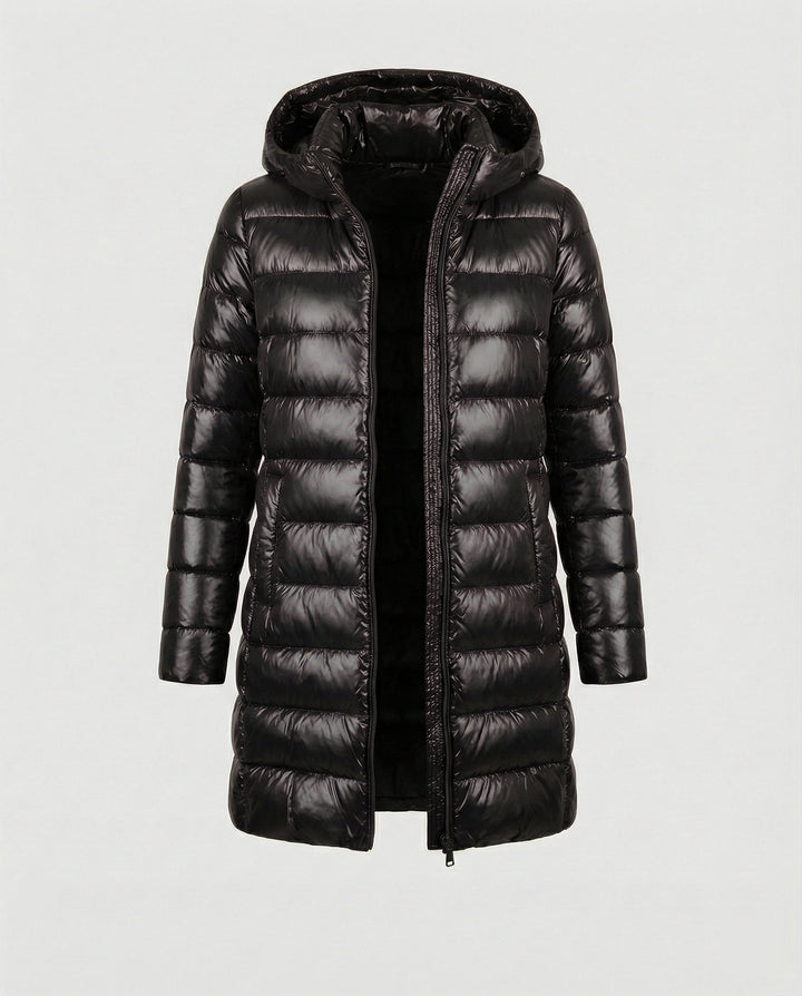 Performance ultralight insulated hooded jacket for women, wind-resistant and all-season ready.