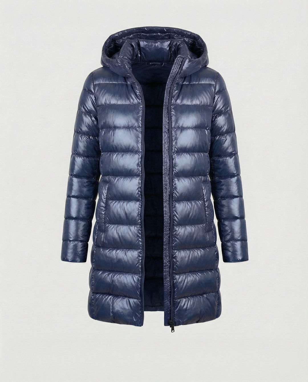 Modern women's hooded jacket, ultralight and insulated, great for all-season casual wear.