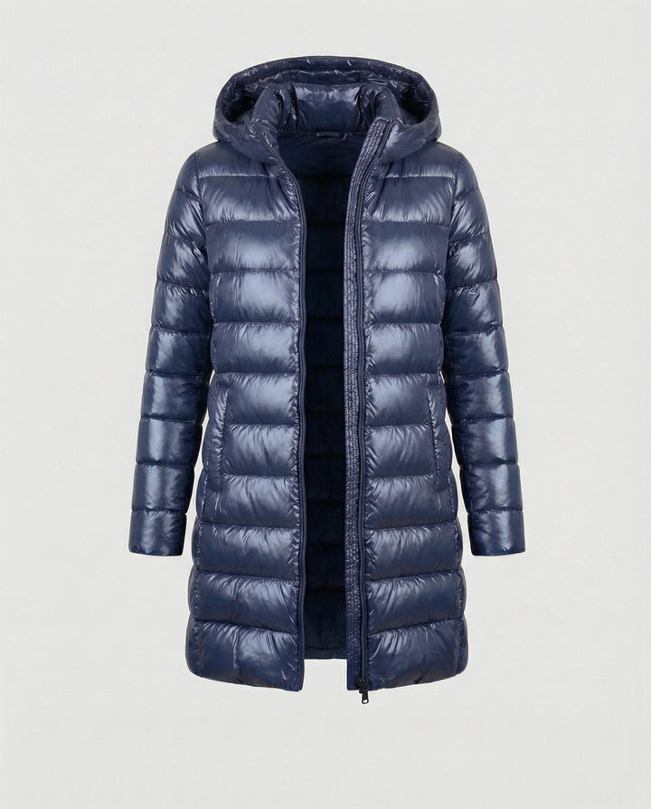 Modern women's hooded jacket, ultralight and insulated, great for all-season casual wear.