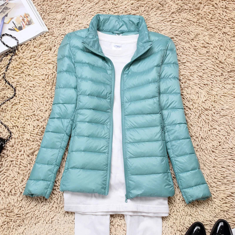 Fall fashion women's insulated jacket, hooded, packable, and a lightweight zipper.