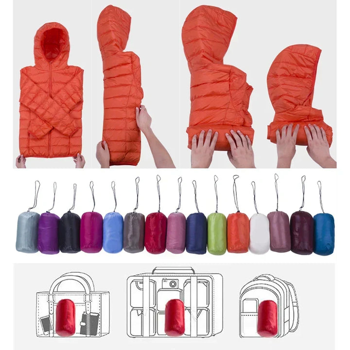 Lightweight women's insulated jacket with hood, ideal for fall fashion & cold weather.