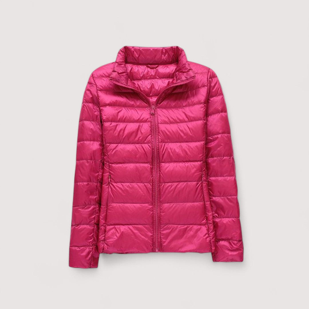 Lightweight women's outerwear, an ultralight winter jacket for travel and style.