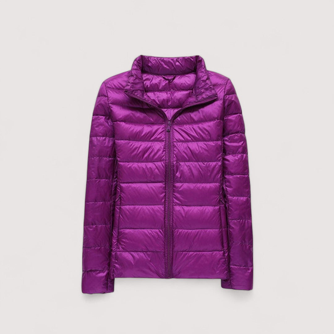 Travel-friendly women's ultralight jacket, a warm & cozy winter essential.