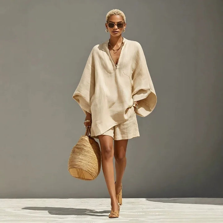 Women's V-neck batwing sleeve matching shorts set in a relaxed fit, perfect for summer casual wear or vacation.