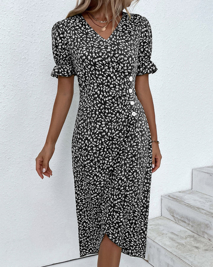 Everyday women's V-neck dress with buttons, short sleeves, and a loose, comfortable fit.