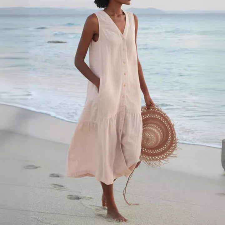 Women's V-neck button front tiered midi dress, a stylish and comfortable summer staple.