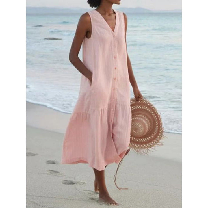 Chic women's V-neck button front tiered midi dress, an effortless summer dress for women.