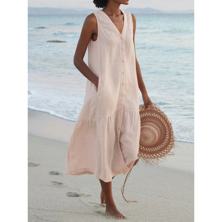 Elegant women's tiered V-neck midi dress with button detailing, ideal for daily wear or vacation.