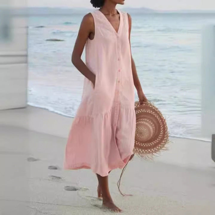 Comfortable women's summer midi dress: V-neck, button front, tiered, for a relaxed look.
