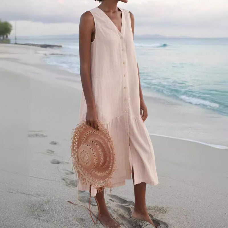 Fashionable V-neck button front tiered midi dress, a must-have sleeveless item for women.