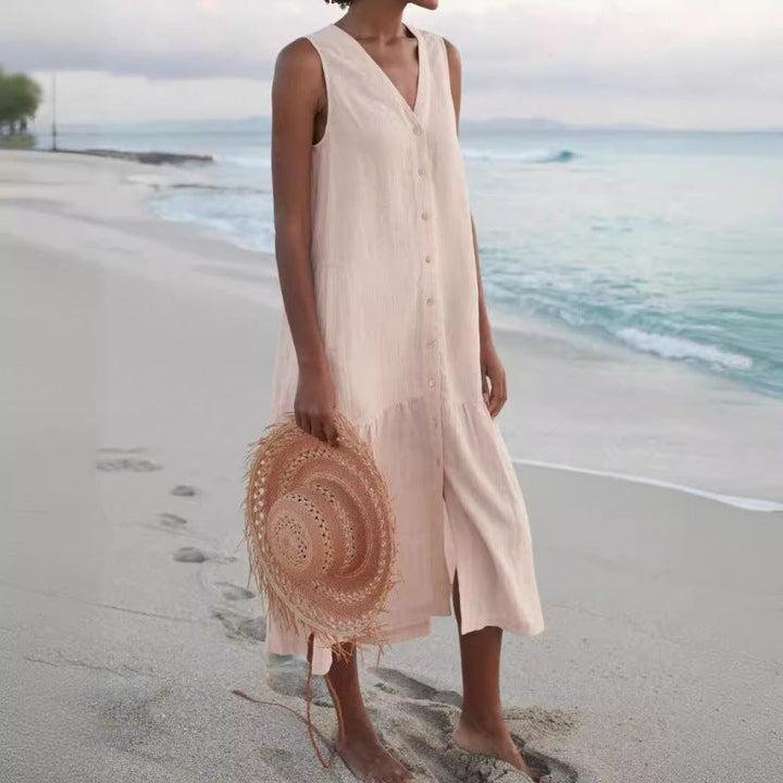 Fashionable V-neck button front tiered midi dress, a must-have sleeveless item for women.