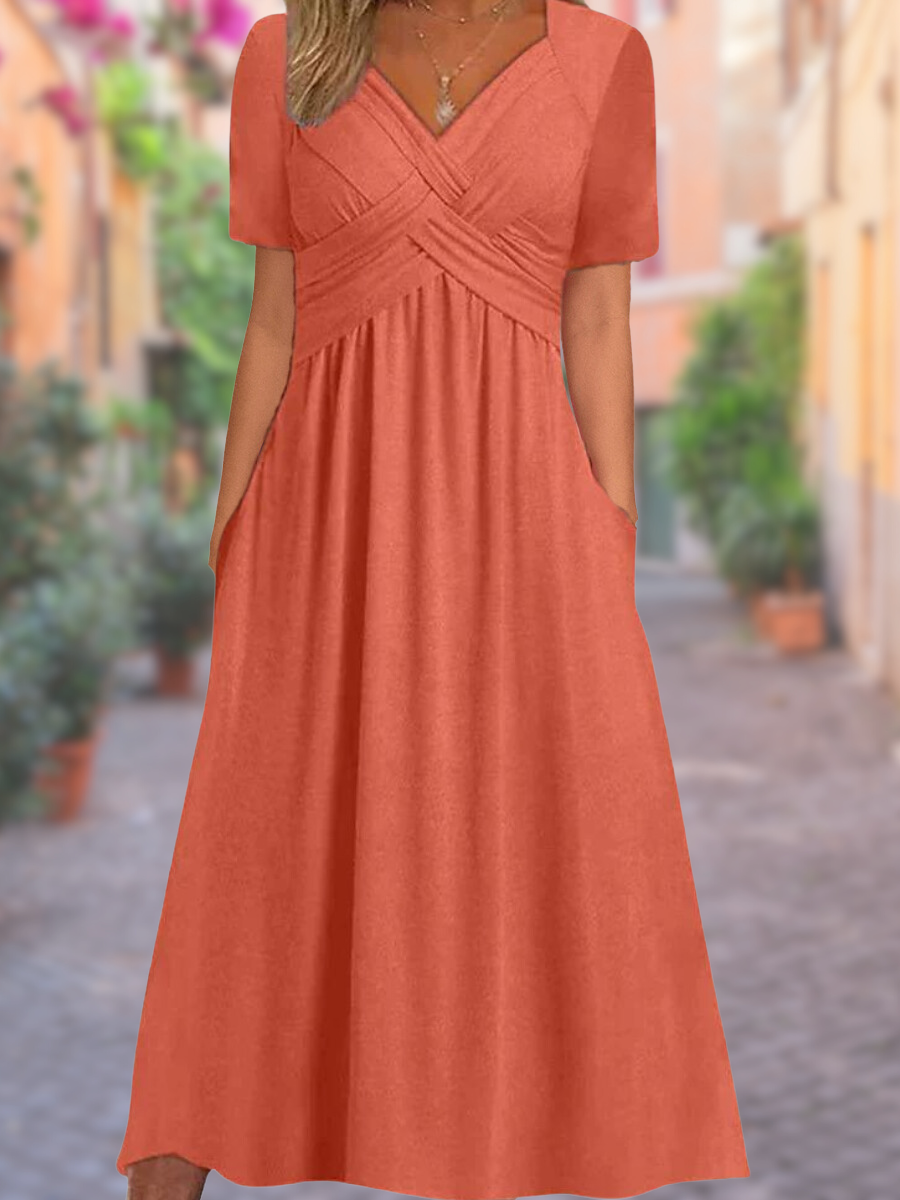 Women's V-Neck Crisscross Bodice Midi Dress, elegant for summer events and spring fashion.