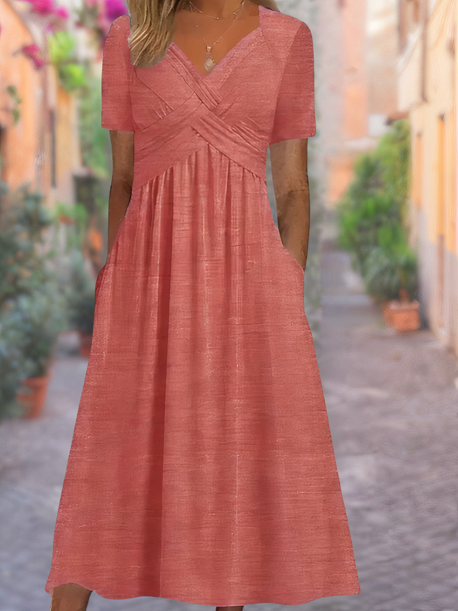 Elegant V-neck crisscross midi dress for women, offering a sophisticated and modestly chic look.