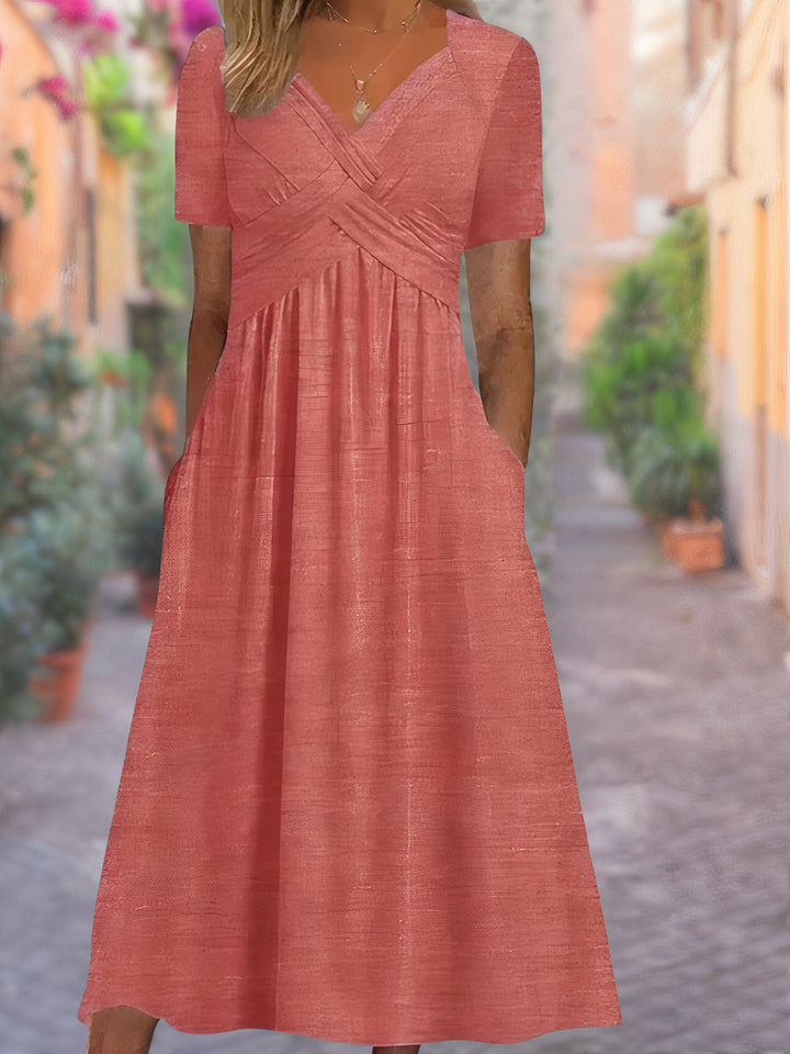 Elegant V-neck crisscross midi dress for women, offering a sophisticated and modestly chic look.