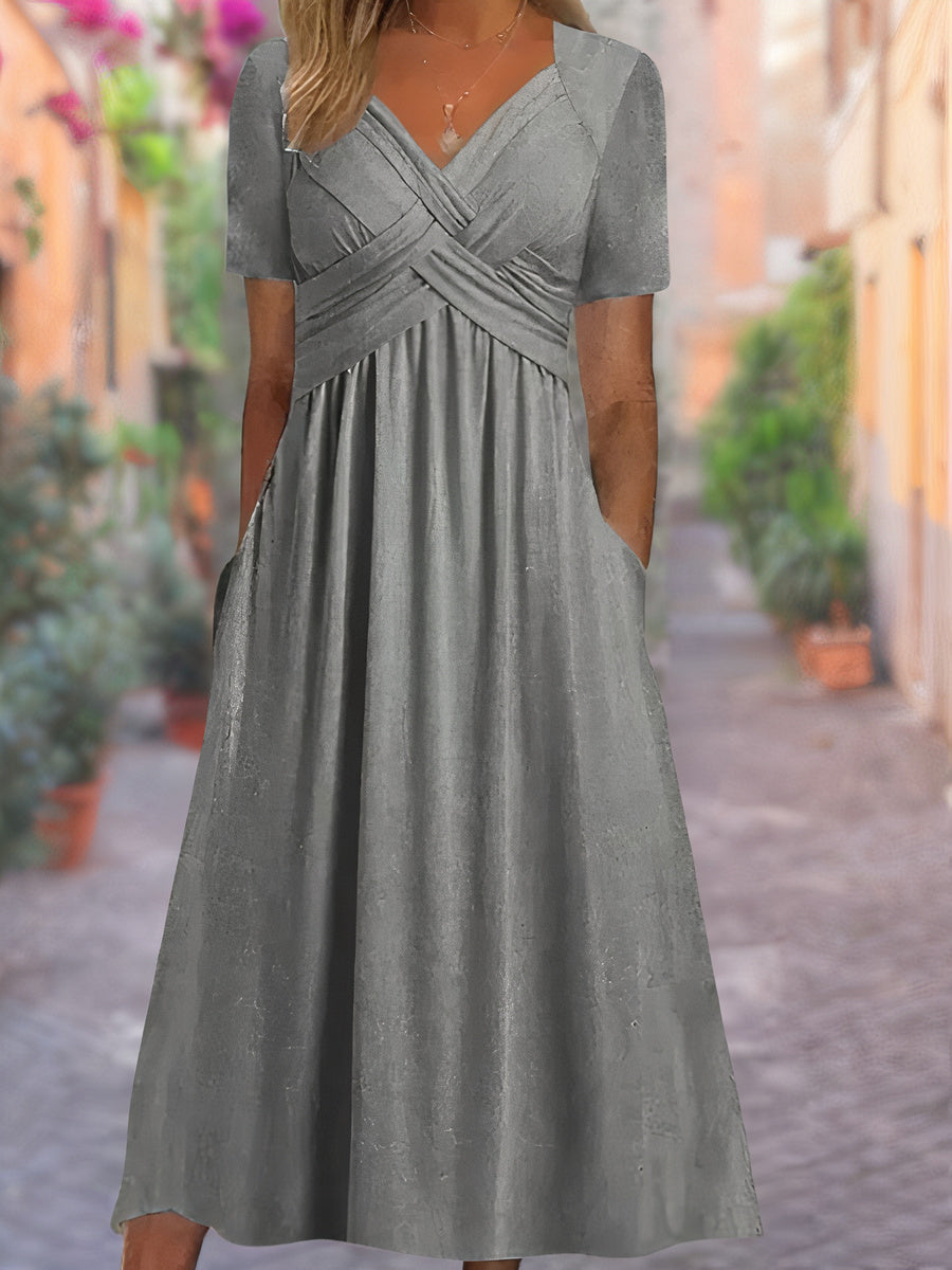 Fashionable & comfortable V-neck crisscross midi dress, a must-have for spring and summer versatility.