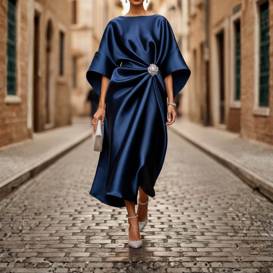 Women's V-neck elbow sleeve midi dress with a flowing flared skirt, perfect for elegant casual wear.