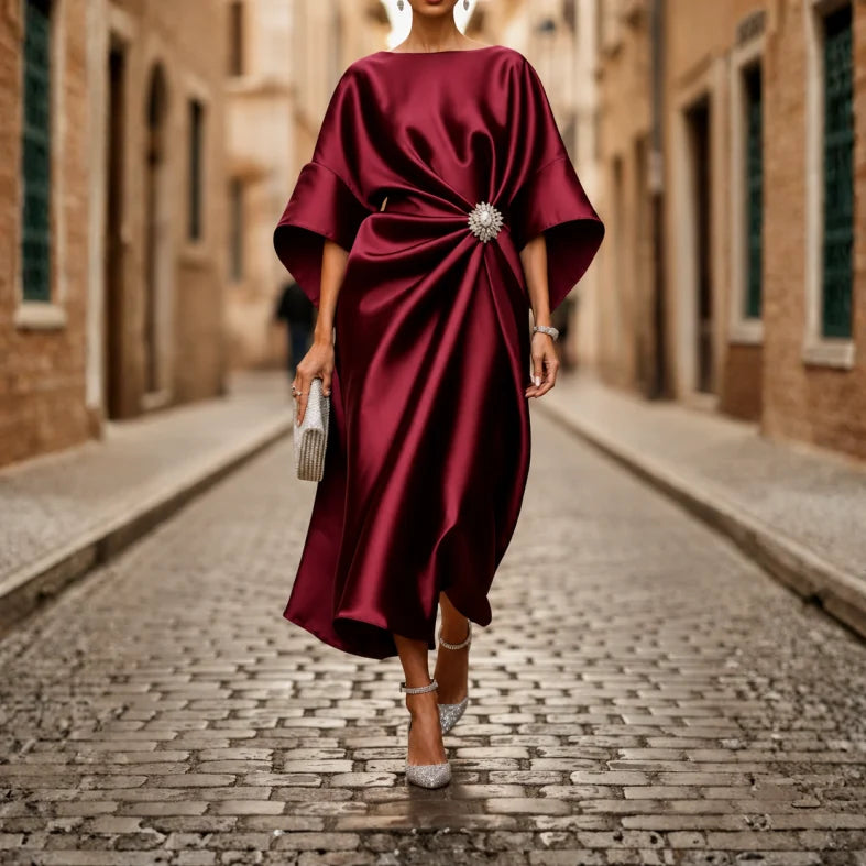Versatile women's V-neck midi dress with elbow sleeves & flared skirt, ideal for spring/summer or office.