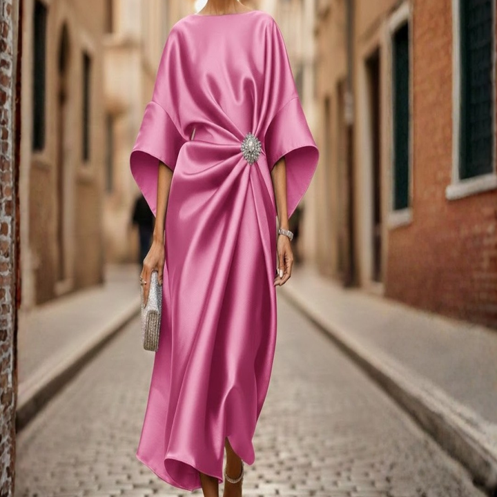 Chic women's V-neck midi dress with elbow sleeves and a flattering flared skirt, great for casual elegance.