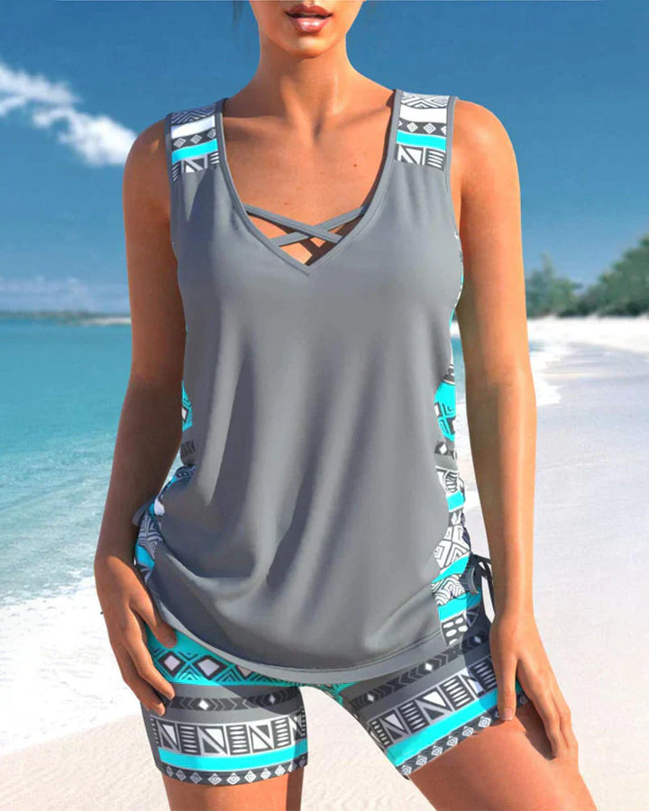 Women's V-neck geometric print tankini top and bottom set for beachwear fashion