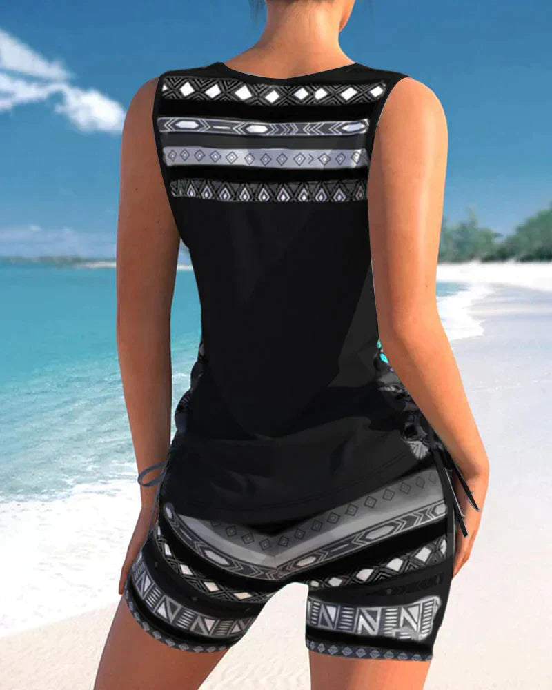 Summer-ready V-neck tankini swimsuit set with unique geometric design, women's activewear