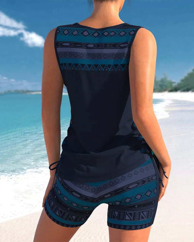 Two-piece V-neck tankini swimwear with eye-catching geometric pattern for poolside