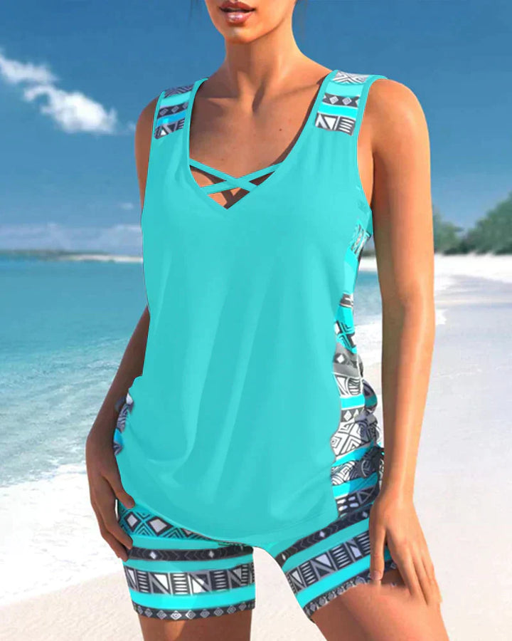 Figure-flattering V-neck geometric tankini set, two-piece swimwear for summer comfort