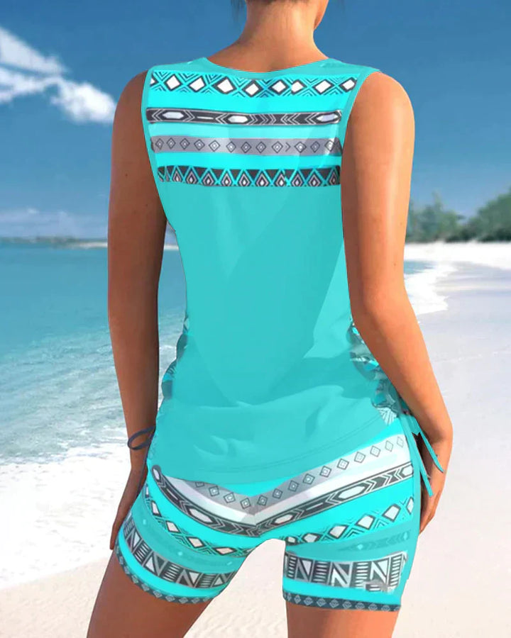 Modern geometric V-neck tankini set, women's swimwear for stylish sun protection
