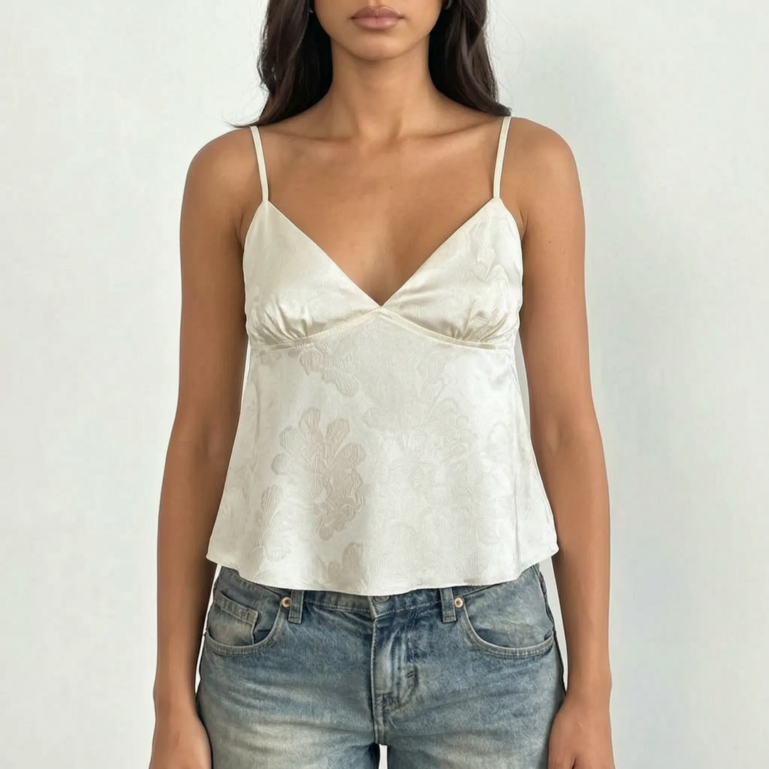 Stylish women's V-neck jacquard cami, cropped design, perfect for warm weather.