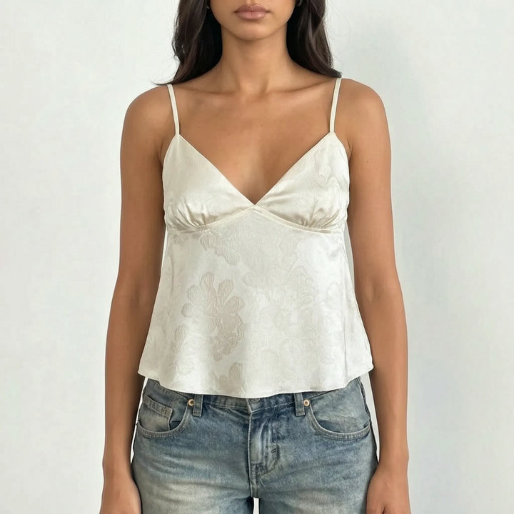 Stylish women's V-neck jacquard cami, cropped design, perfect for warm weather.