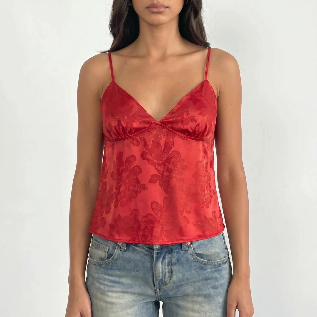 Women's elegant V-neck jacquard cami top, intricate floral pattern, spaghetti straps.