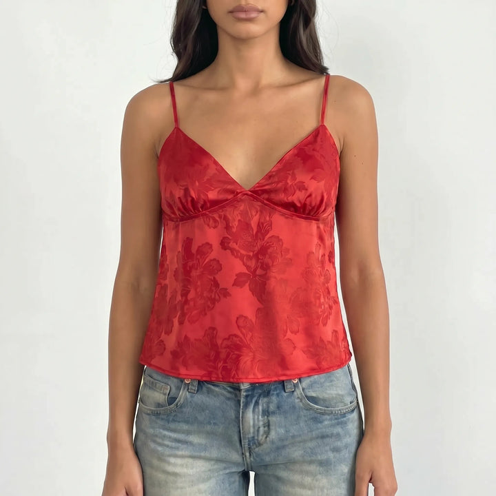 Women's elegant V-neck jacquard cami top, intricate floral pattern, spaghetti straps.