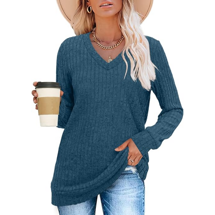 Trendy long-sleeve V-neck tunic sweater for women, designed for comfort and style