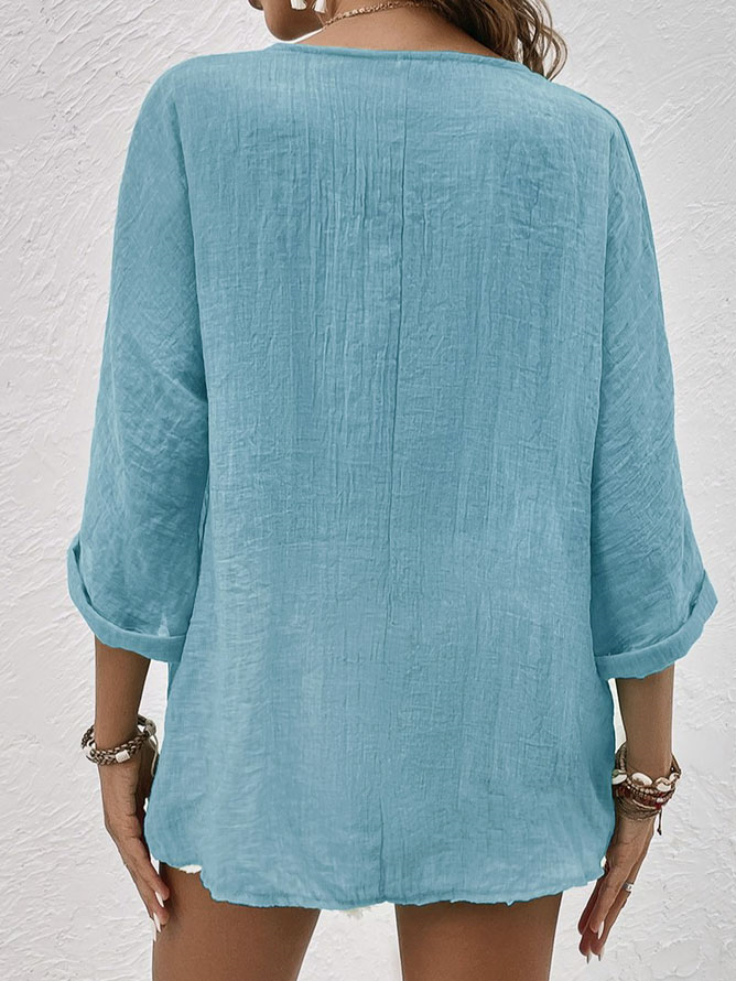 Chic women's V-neck long sleeve blouse, button down, comfortable and light, versatile for spring & summer outfits.