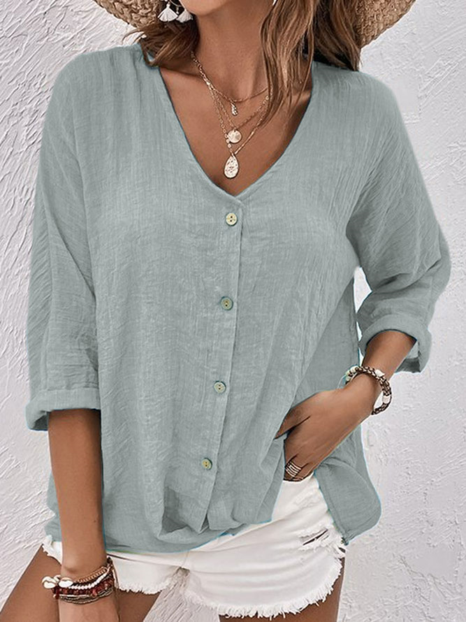 Light & comfortable women's V-neck long sleeve button down shirt, chic casual blouse for spring and summer.