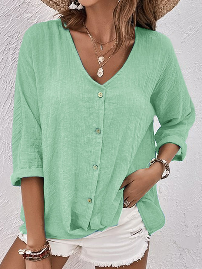 Everyday women's V-neck long sleeve button-down blouse, relaxed fit, perfect chic top for spring and summer.