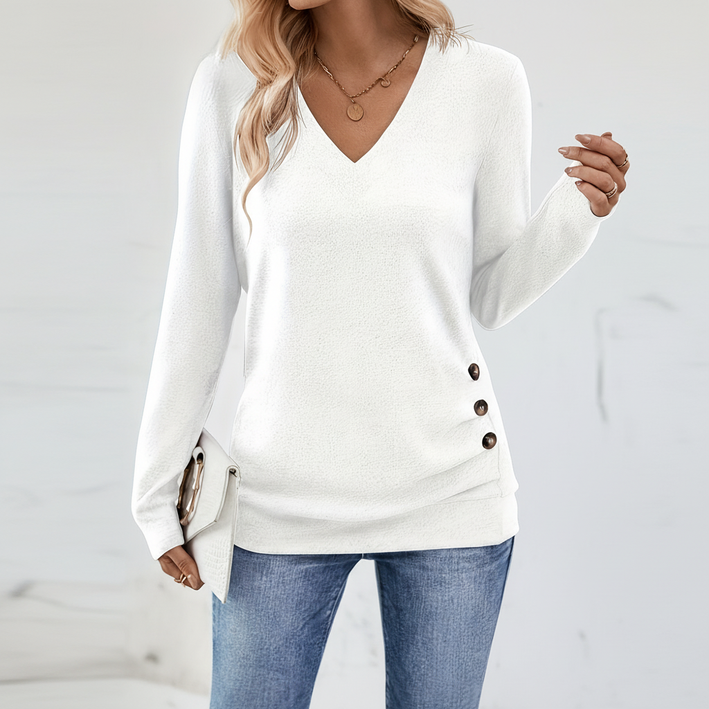 Stylish women's V-neck sweater, cotton blend long sleeve top with side button detail
