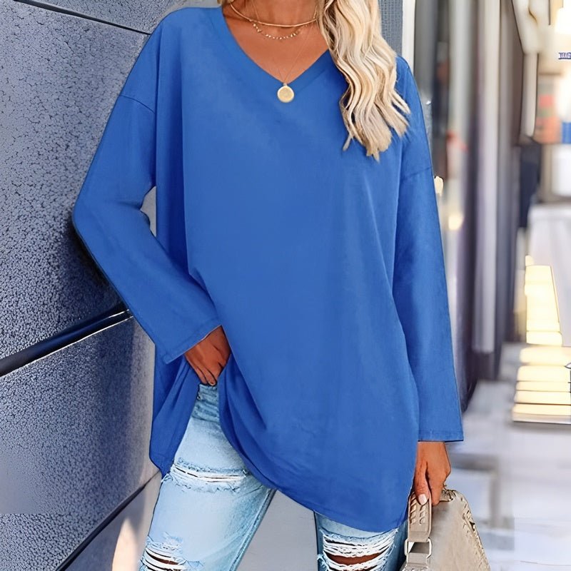 Comfortable women's long sleeve V-neck sweater, perfect for versatile casual and fashion looks.