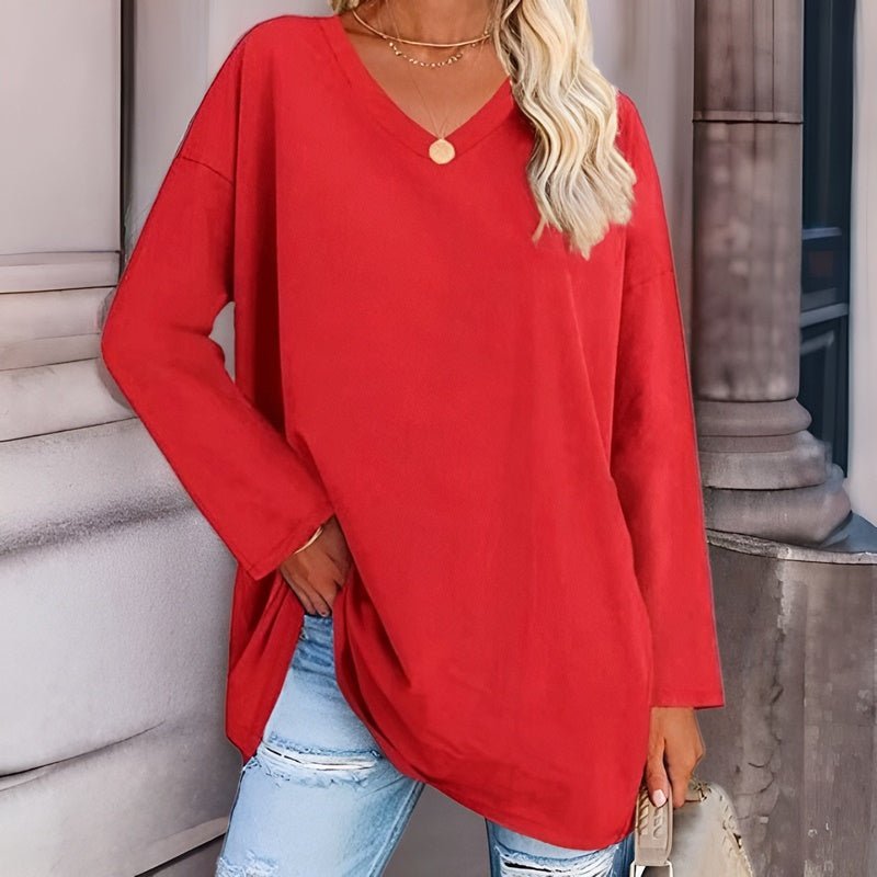 Fashionable women's V-neck long sleeve sweater, designed for comfort and effortless style.
