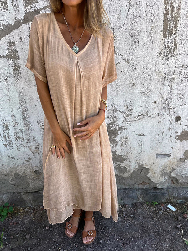 Women's V-neck midi dress, relaxed fit kaftan style, perfect casual summer wear.