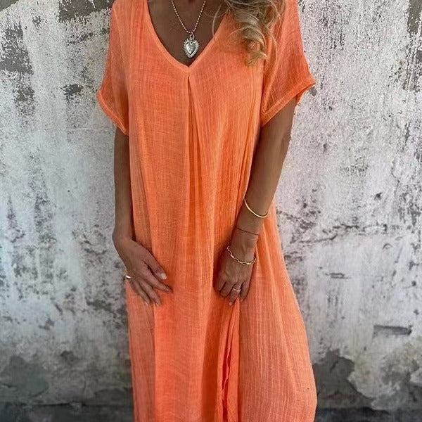 Elegant women's V-neck short sleeve midi dress, a versatile casual kaftan style.